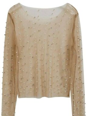 Gemstone Pearl & Rhinestone Embellished Sheer Mesh Long Sleeve Top - Size 1X
